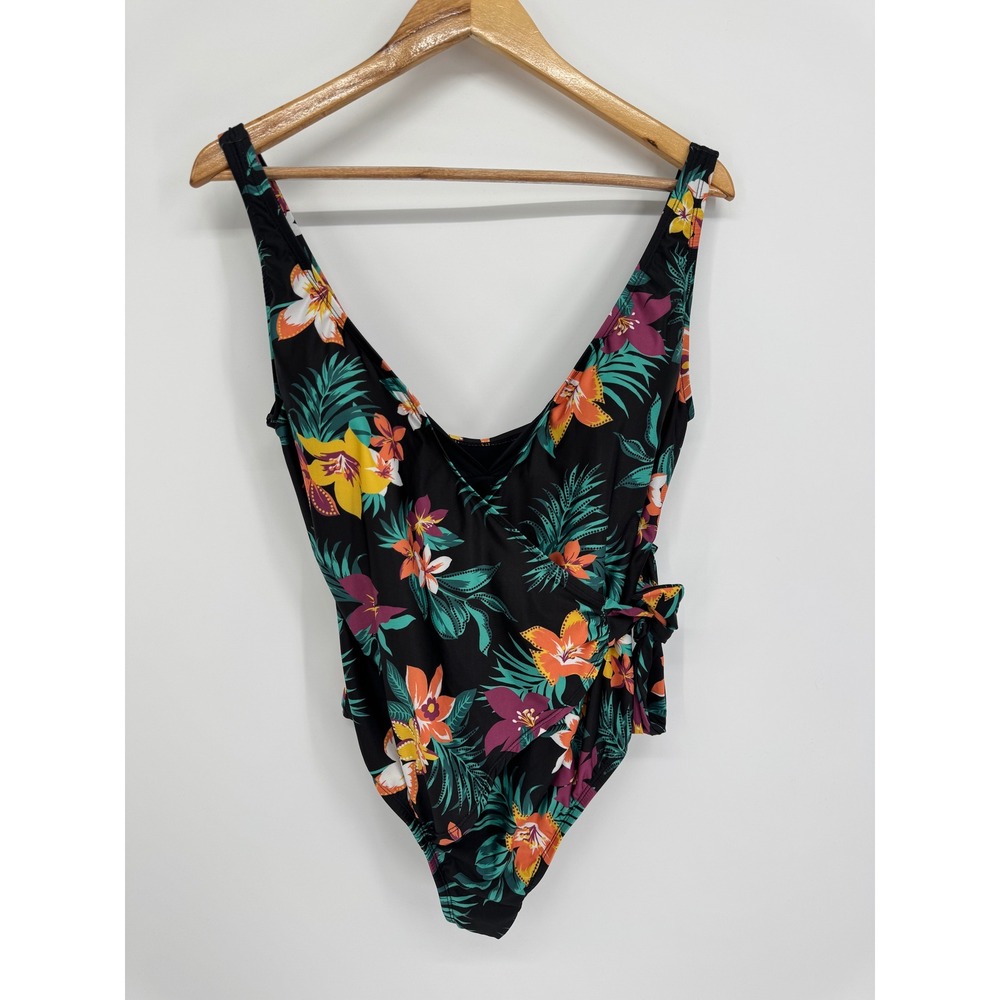 ModCloth Floral One Piece Swimsuit Womens L Black Tropical Wrap Side Tie Beach